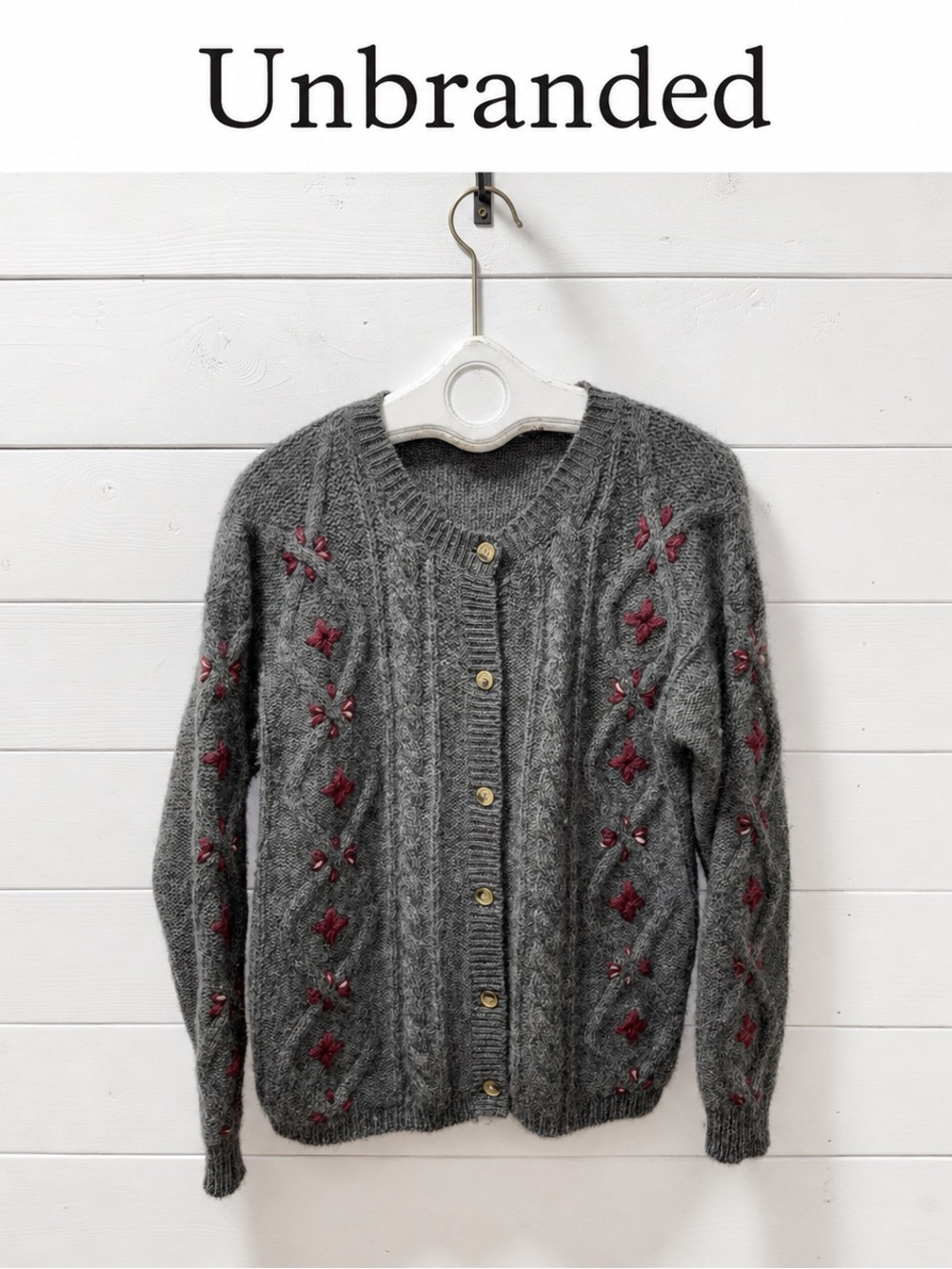 Unbranded Grey Embroidered Cable-Knit Cardigan – Estimated Size Large